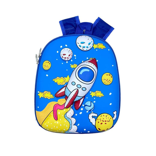 Space Rocket 3D Cartoon Print Kids School Backpack (Blue Color)