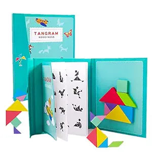 Tangram Woodiness Travel Friendly Magnetic Puzzle Book-Brain/Creativity IQ Montessori Educational Color Shape Recognition Toy Gift for 3+ Age Kids/Toddlers- Set of 1