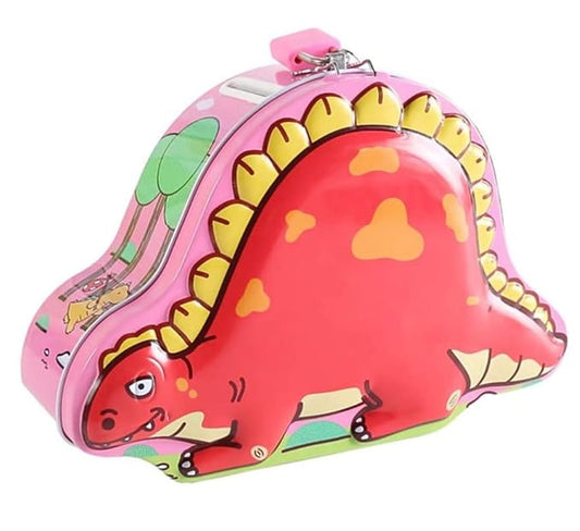 Piggy Bank for Kids – Dinosaur Themed Money Saving Tin Coin Bank with Lock and Key –