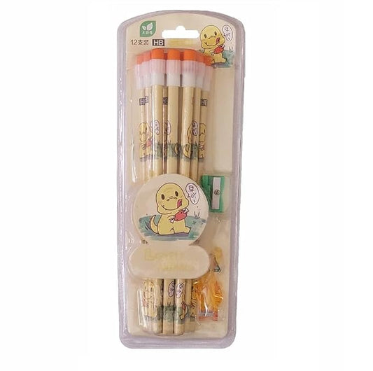 Dino Lovely Animal Stationery HB Pencil Rubber Tip Sharpener and Pencil Grip Set for Sketching Writing for Children Kids School Student Office Return Gifts (Pack of 1, 12Pcs)