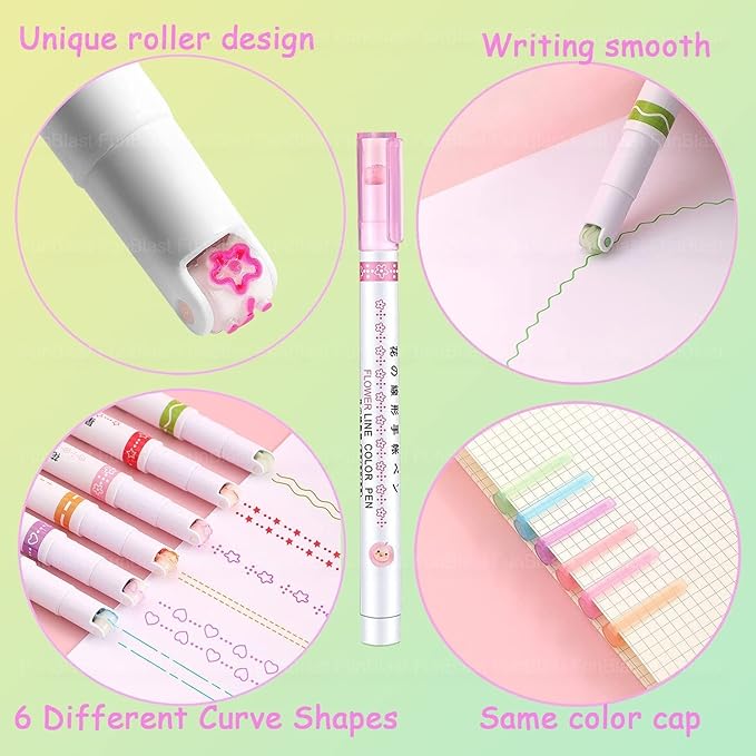 Roller Linear Curve Pen,Pack Of 6 Different Color Pens