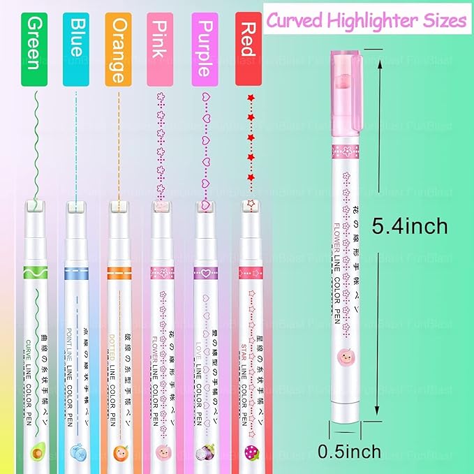 Roller Linear Curve Pen,Pack Of 6 Different Color Pens