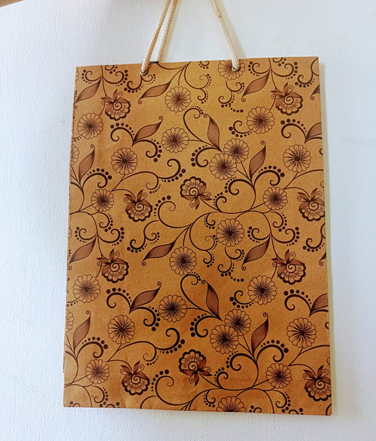 Brown Paper Bags - Return Gift Bags, Small Party Favor Paper Carry Bags, Craft Paper Bag- Recycled Eco Friendly-Big flower - Set of 2 bags