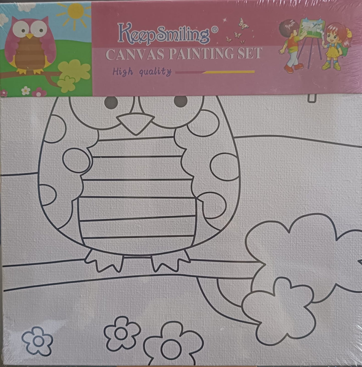 Kids Canvas Kit- 8*8 Canvas Board with Color and Brush-  Owl