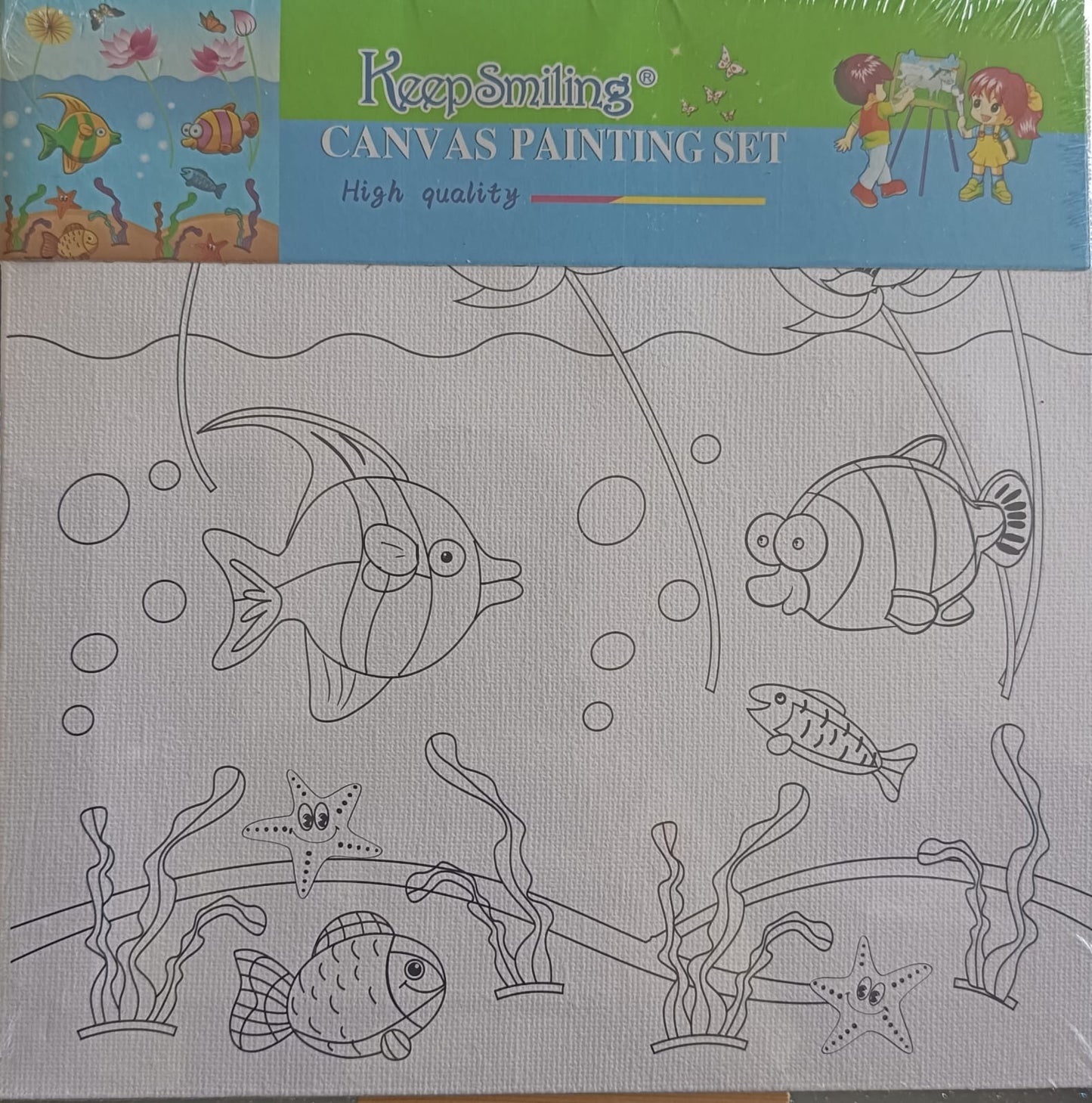 Kids Canvas Kit- 8*8 Canvas Board with Color and Brush- Fish