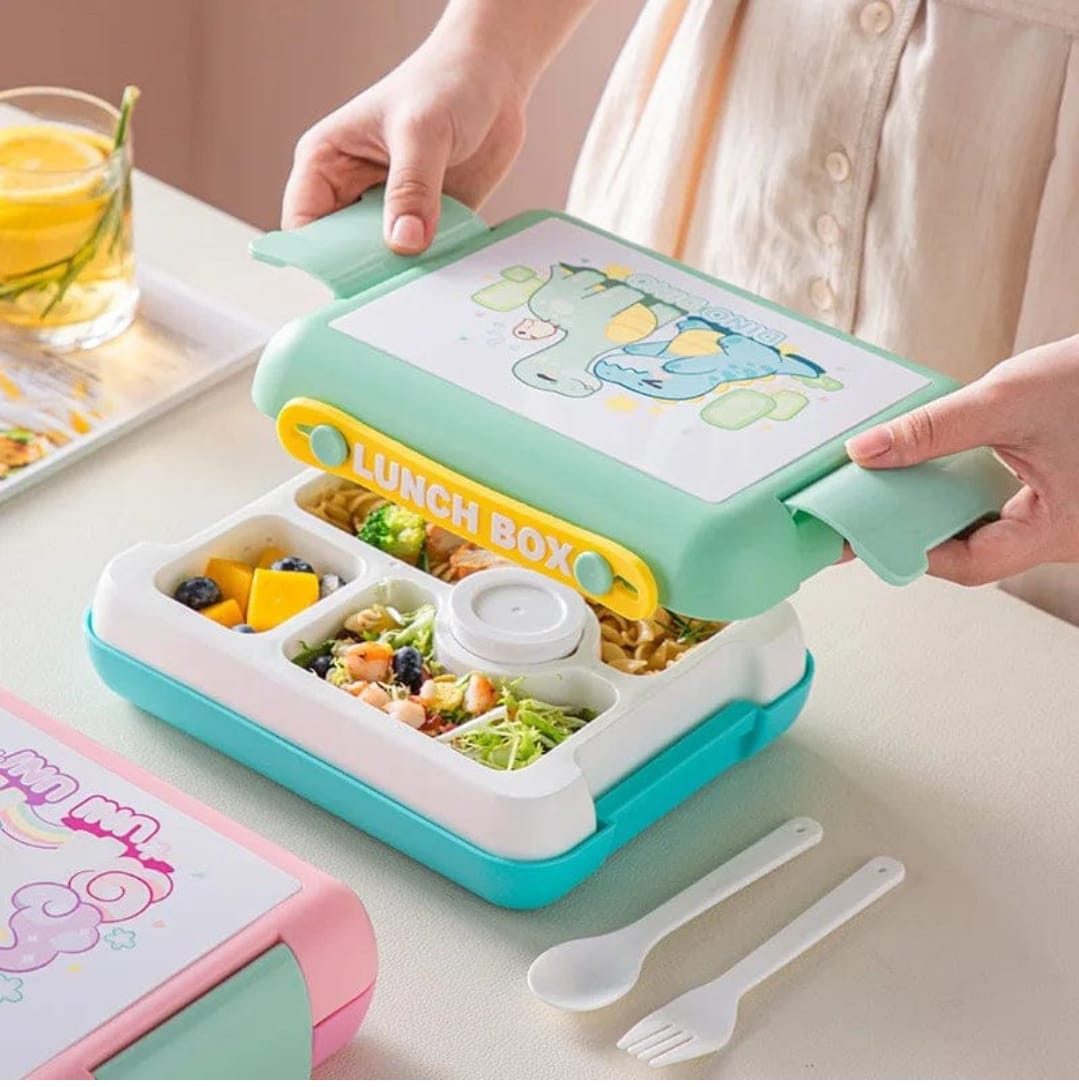 Dinosaur 5 Compartment Lunch Box with Spoon and fork/ Leakproof and Microwave safe- Pack of 1