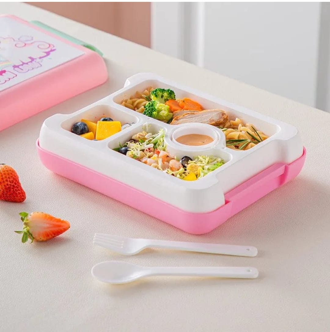 Unicorn  5 Compartment Lunch Box with Spoon and fork/ Leakproof and Microwave safe- Pack of 1