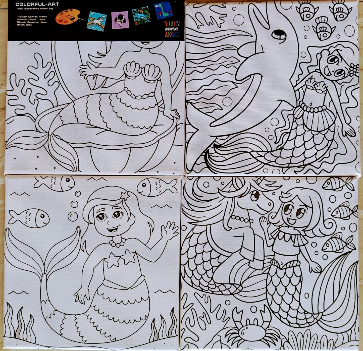 Canvas Kits- Set of 4 Canvas with 8 Acrylic colors, palette and 2 Brushes- Mermaid