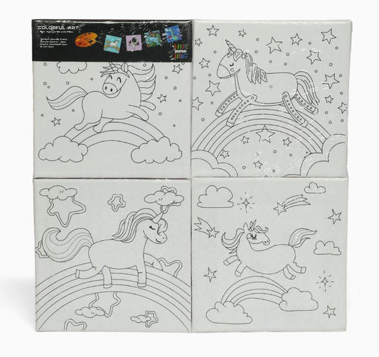 Canvas Kits- Set of 4 Canvas with 8 Acrylic colors, palette and 2 Brushes- Unicorn